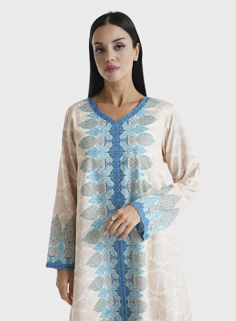 KASHKHA Light Peach Baroque Printed Cotton Satin Stone Work Jalabiya (VDU598)