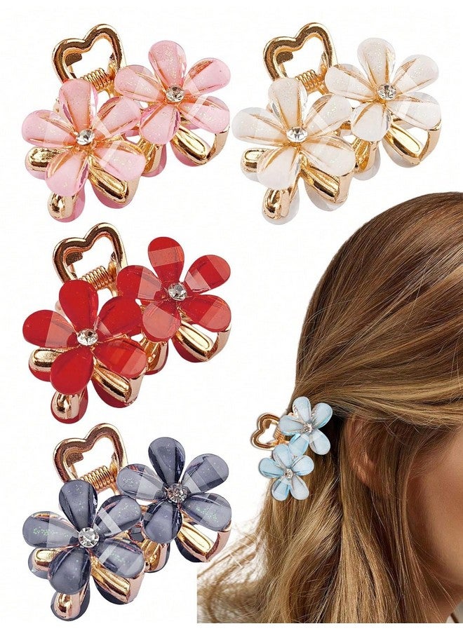 Barakath 4pcs Elegant Crystal Flower Hair Claw - Medium Size, Alloy Flower Clip For Women & Girls, Cute & Stylish Side Hair Accessory - Image 1