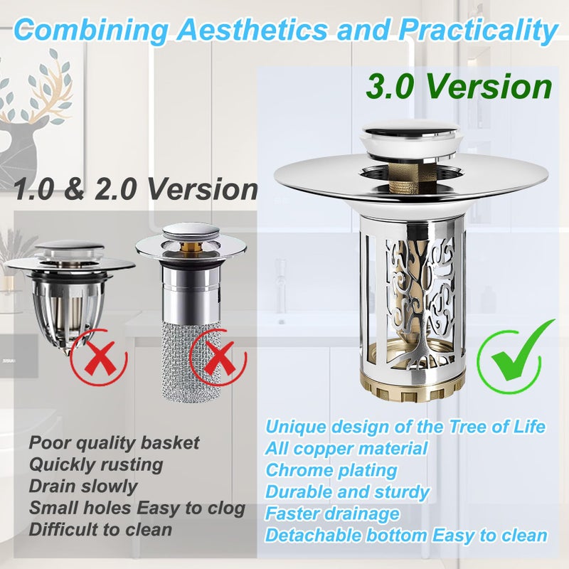 BAOLSLS Bathroom Sink Drain Stopper, Bathroom Sink Drain Strainer with Pop Up and Removable Hair Catcher Basket, Universal for 1.06 to 1.6in Sink Drain, Chrome Silver - Image 2