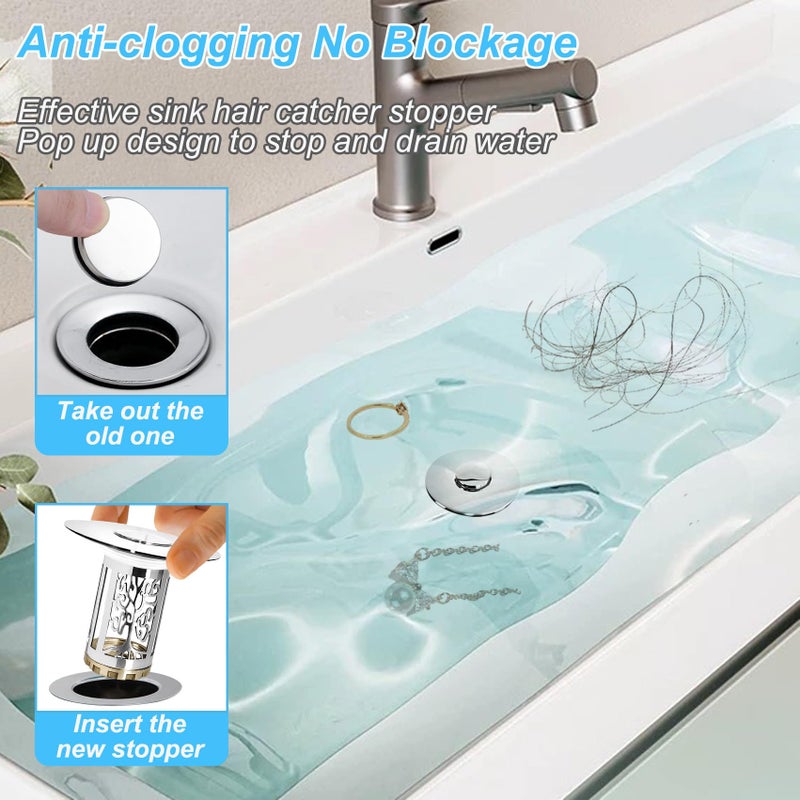 BAOLSLS Bathroom Sink Drain Stopper, Bathroom Sink Drain Strainer with Pop Up and Removable Hair Catcher Basket, Universal for 1.06 to 1.6in Sink Drain, Chrome Silver - Image 4