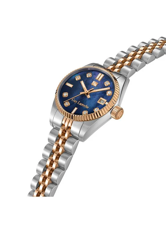 غاي لاروش ساعة يد نسائية بعقارب، مينا من عرق اللؤلؤ بلون أزرق وردي، سوار معدني فضي وذهبي وردي،  ملم