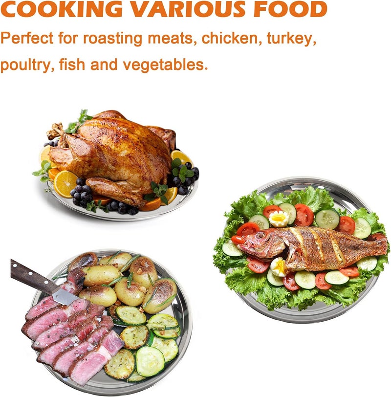 Vankey 14 In Stainless Steel Roasting Pan, Stainless Steel Heavy Duty Kitchenware Round Roaster Pan Large XLarge Big Size Green Egg Drip Pan for Turkey Baking,Roast Chicken,Brushed Surface & Dishwasher Safe - Image 3