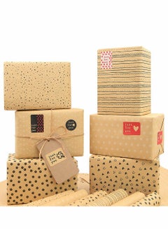 KASTWAVE Birthday Wrapping Paper, Kraft Brown Recycled Gift 20x28 inch, 12 Sheets Dot Stripe Heart with String Sticker Tag for Women Men Girl Boy, with Jute Strings, Stickers and Tags  - Image 1