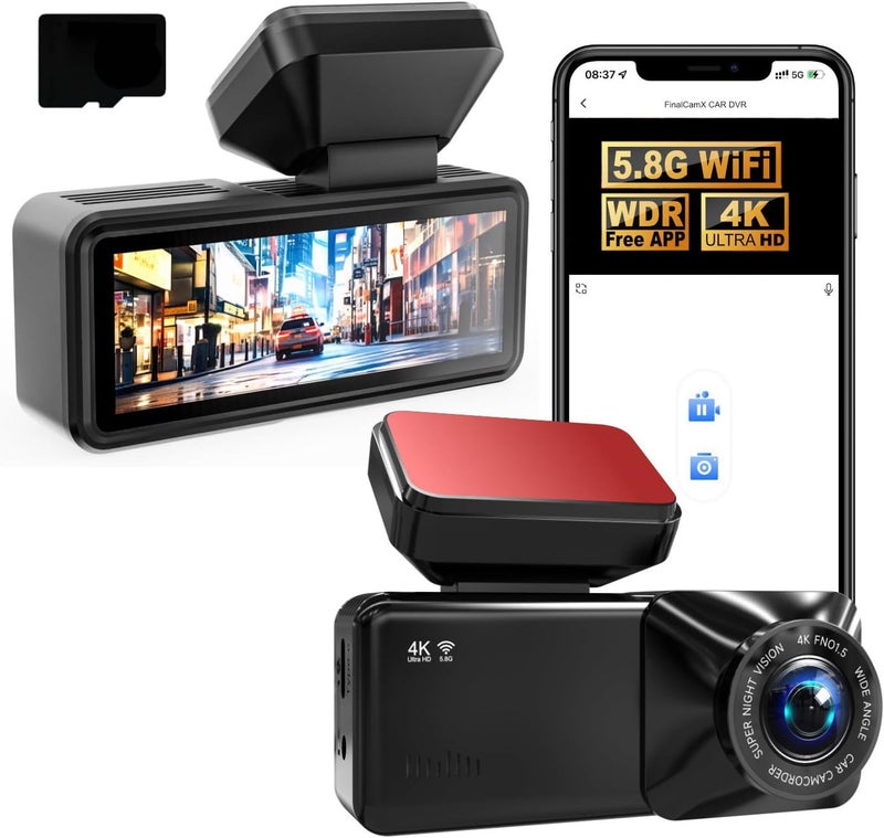 4K Way Car DVR with 32 / 64GB Card Wide Angles Coverage Night View and Impacts Detection for Trucks Car Dashcam Front and Rear - Image 1