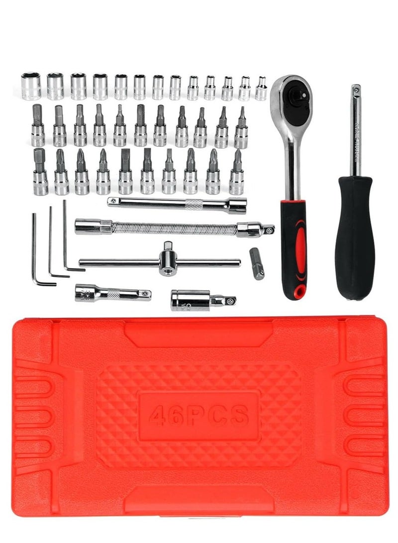 46 Piece Socket and Screwdriver Set, 1/4 Inch Ratchet Handle, Extension Pole, Adapter, Hand Tool for Bike, Car, Automotive Repair, Mechanical Tools, Home Improvement, Crafts, DIY, MT Best Buy - Image 1