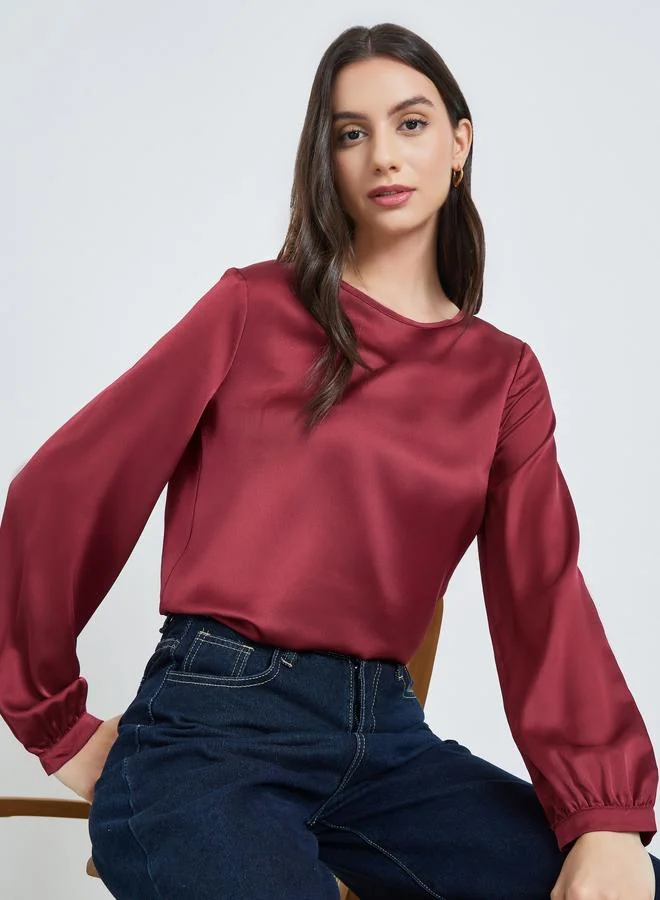 تايك تو Burgundy Solid Long Sleeve Top