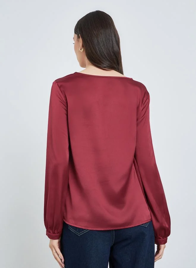 تايك تو Burgundy Solid Long Sleeve Top