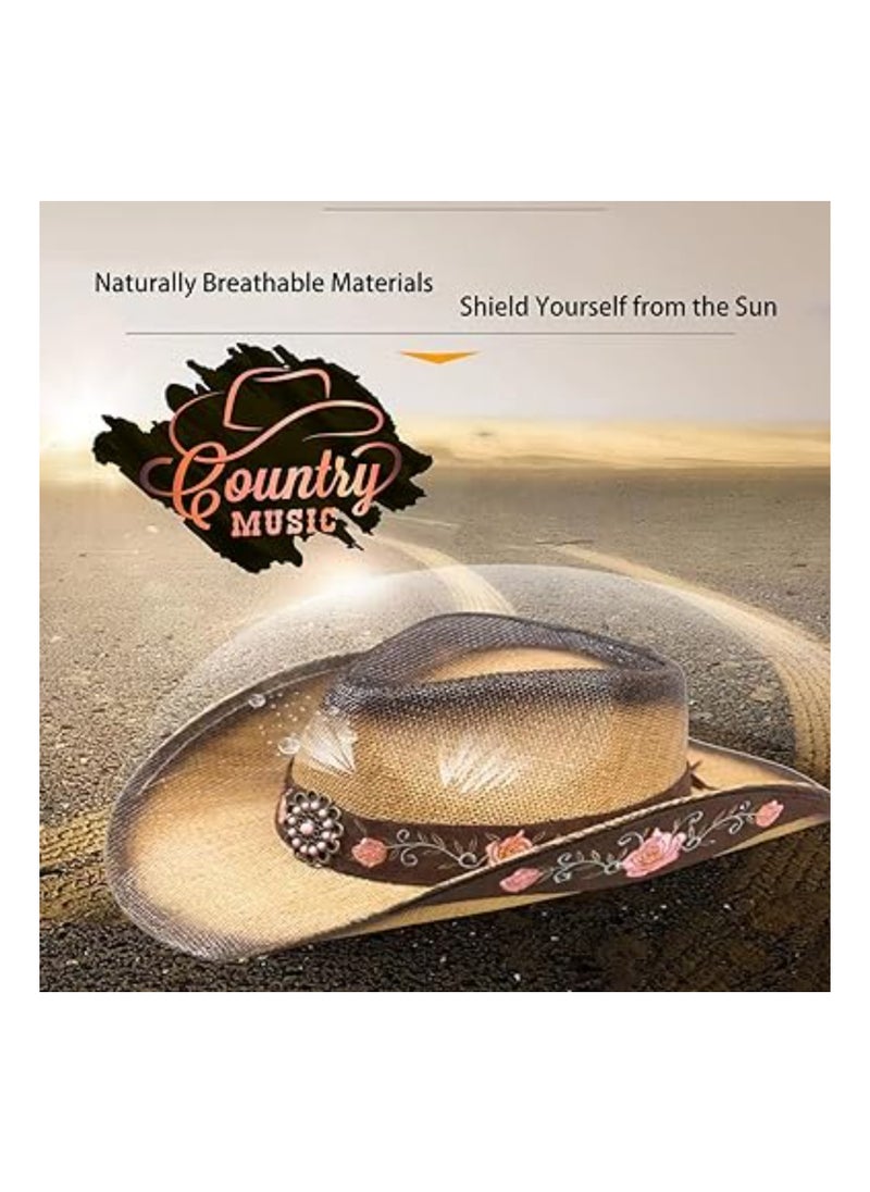 SYOSI - Cowboy Hats for Women, Brown Cowgirl Hats, Western Cowboy Hat, Plain Cowboy Hat, Classic Straw Western Hats Women, Old Style for Wedding Stage Performance Country Cowboy Music Festival Party Beach - Image 1