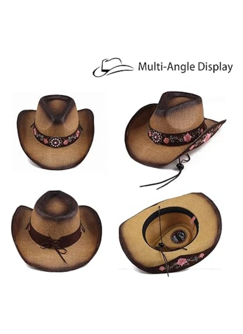 SYOSI - Cowboy Hats for Women, Brown Cowgirl Hats, Western Cowboy Hat, Plain Cowboy Hat, Classic Straw Western Hats Women, Old Style for Wedding Stage Performance Country Cowboy Music Festival Party Beach - Image 1