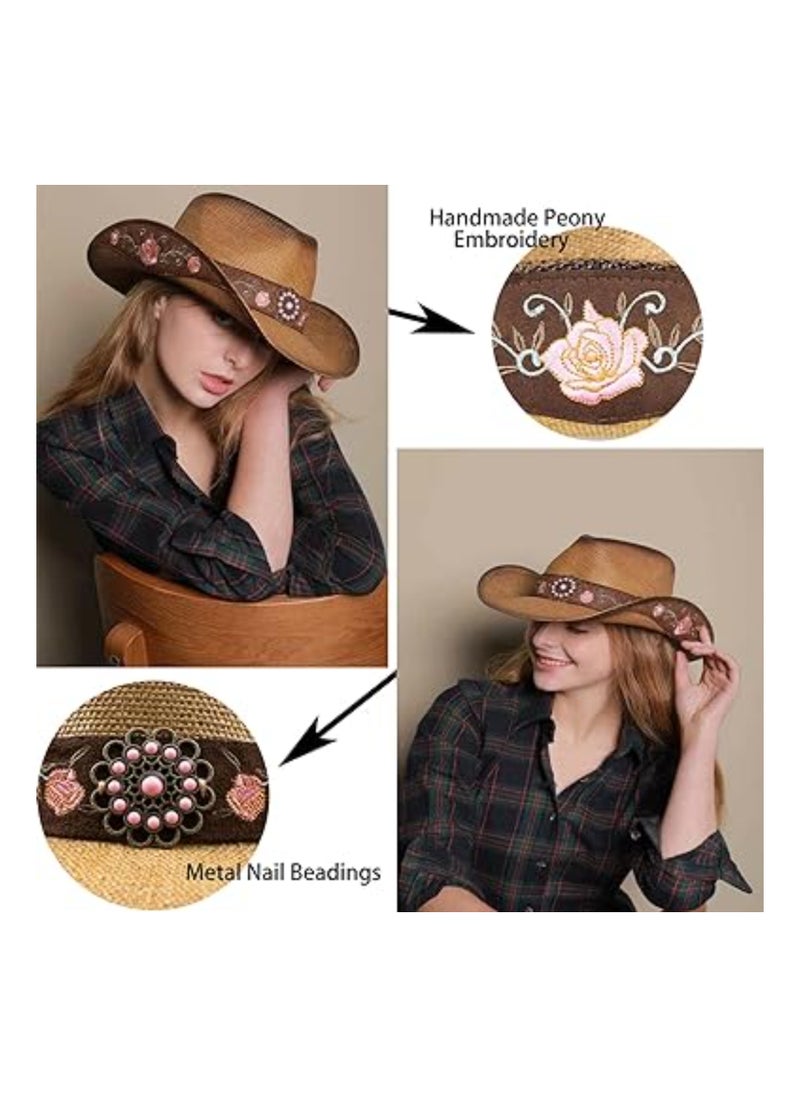SYOSI - Cowboy Hats for Women, Brown Cowgirl Hats, Western Cowboy Hat, Plain Cowboy Hat, Classic Straw Western Hats Women, Old Style for Wedding Stage Performance Country Cowboy Music Festival Party Beach - Image 1