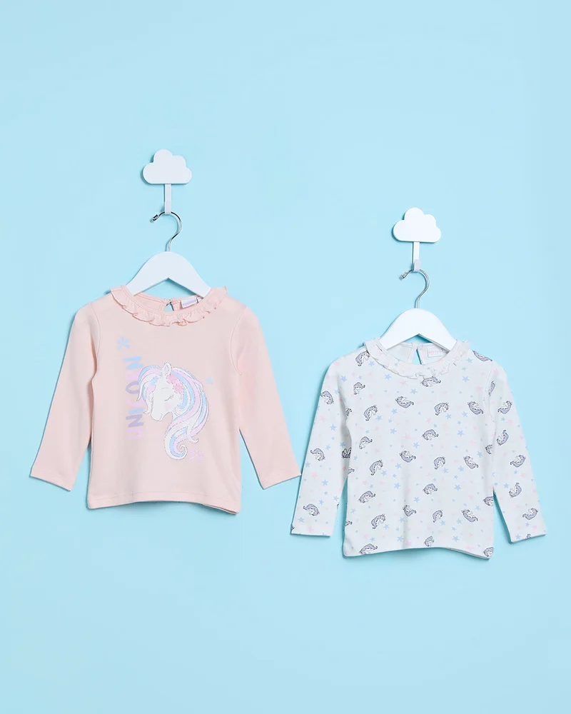 REDTAG Infant Girls White and Pink Unicorn Print T-Shirt Set (Pack of 2