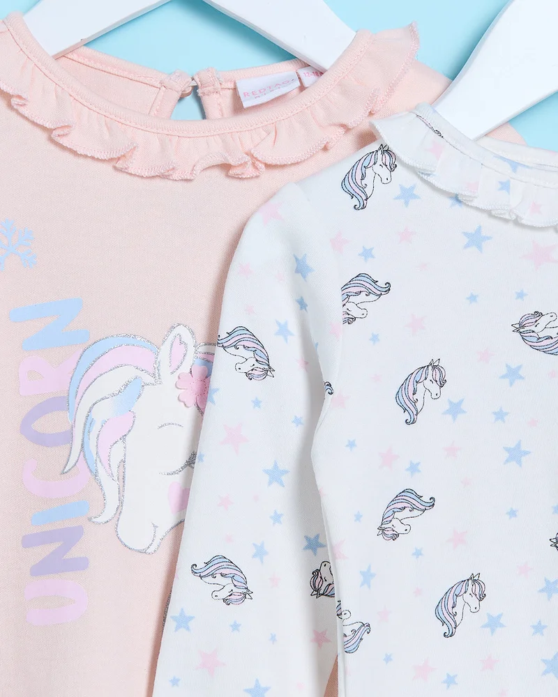 REDTAG Infant Girls White and Pink Unicorn Print T-Shirt Set (Pack of 2