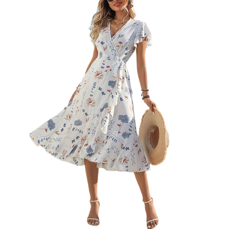 V Neck Long Sleeve High Waist Split Maxi Dress with Belt