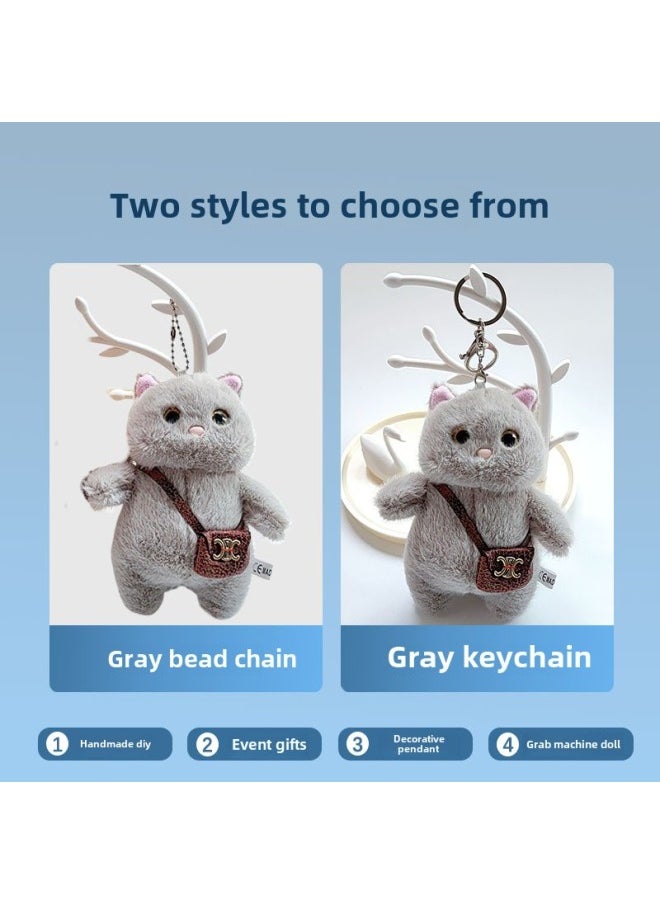 Generic Cute Plush Doll Cross-bag Bear Bag Hanging Decoration Doll Activity Gift Grasping Machine Small Doll Plush Bear Pendant-Specifications:15cm Cross-pack Cat Gray-Color:silver Key Buckle  - Image 1