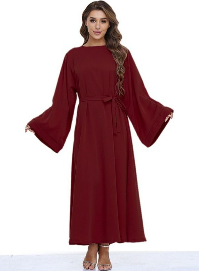إسكدنيا Women's Casual Solid Color Long Sleeves Abaya Full Length Lace-Up Dress  Liturgical Clothes Muslim Dark Red