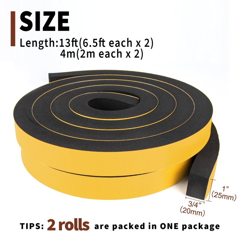 Yotache High Density Adhesive Foam Tape 2 Rolls 1" Wide X 3/4" Thick, Weather Stripping Gasket Seal, Shockproof, Furniture Protective, 13 Ft Length (2 x 6.5Ft Each) - Image 4