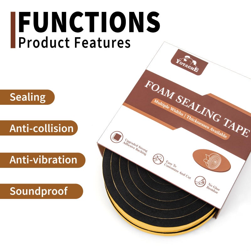 Yotache High Density Adhesive Foam Tape 2 Rolls 1" Wide X 3/4" Thick, Weather Stripping Gasket Seal, Shockproof, Furniture Protective, 13 Ft Length (2 x 6.5Ft Each) - Image 5