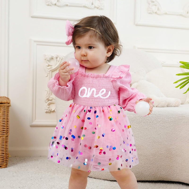 HONGTEYA Baby Girl 1st Birthday Outfit First Birthday Gifts Long Sleeve Tulle Dress One Year Old Bodysuit Clothes (US, Age, 18 Months, 24 Months, Pink Glitter) - Image 3