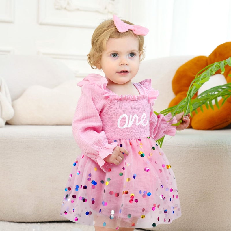 HONGTEYA Baby Girl 1st Birthday Outfit First Birthday Gifts Long Sleeve Tulle Dress One Year Old Bodysuit Clothes (US, Age, 18 Months, 24 Months, Pink Glitter) - Image 2
