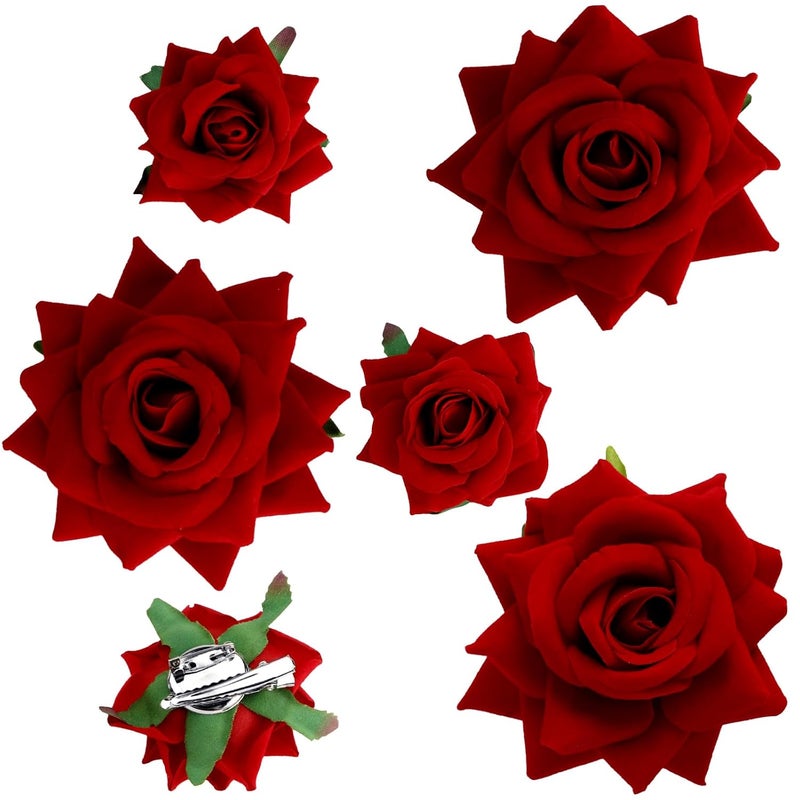 CIEHER 6 Pcs Red Rose Hair Clips for Women Girls Fabric Rose Flowers Hair Clip Pin Mexican Rose Hair Accessories Multioccasion Use for Wedding Party Halloween Costume Prom