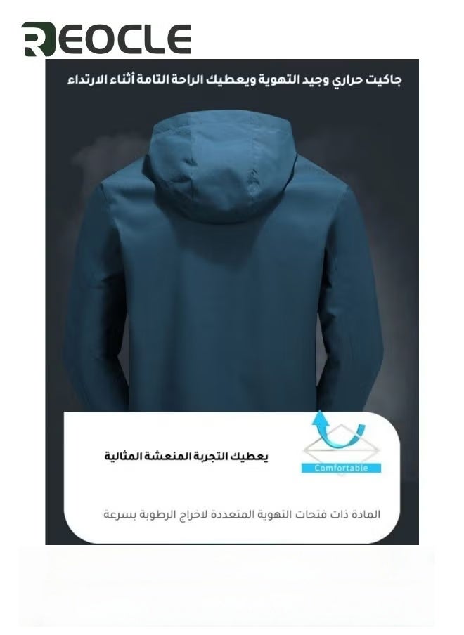 REOCLE Men's Outdoor Softshell Jacket Waterproof Breathable Hoodie Fleece Softshell Coat for Outdoors Running Cycling Hiking Climbing Blue - Image 5