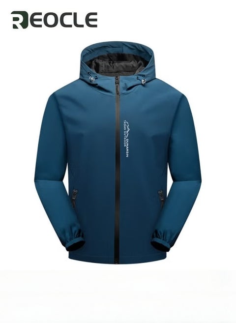 Men's Outdoor Softshell Jacket Waterproof Breathable Hoodie Fleece Softshell Coat for Outdoors Running Cycling Hiking Climbing Blue
