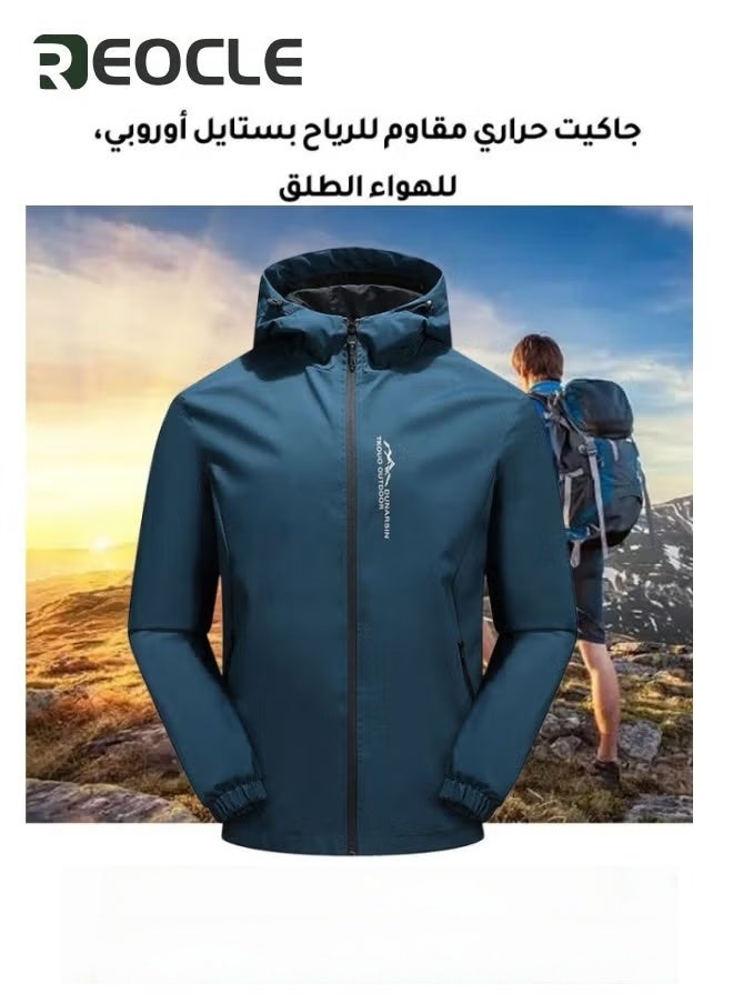 REOCLE Men's Outdoor Softshell Jacket Waterproof Breathable Hoodie Fleece Softshell Coat for Outdoors Running Cycling Hiking Climbing Blue - Image 2