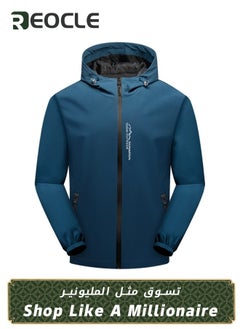 REOCLE Men's Outdoor Softshell Jacket Waterproof Breathable Hoodie Fleece Softshell Coat for Outdoors Running Cycling Hiking Climbing Blue  - Image 1