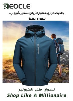 REOCLE Men's Outdoor Softshell Jacket Waterproof Breathable Hoodie Fleece Softshell Coat for Outdoors Running Cycling Hiking Climbing Blue  - Image 2
