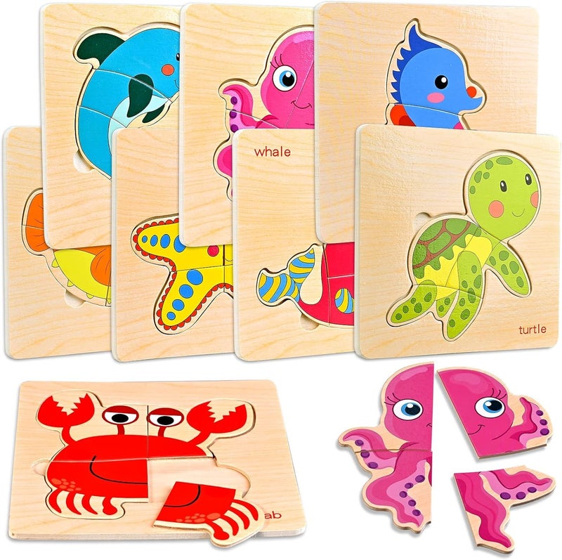 Faburo 8pcs Wooden Puzzles for Toddlers 13 Toddler Puzzles Ages 24 Montessori Toys for 13 Years Girl Boy Sea Animal Puzzle for Kids Jigsaw Puzzle Educational Toys Preschool for 14 - Image 3