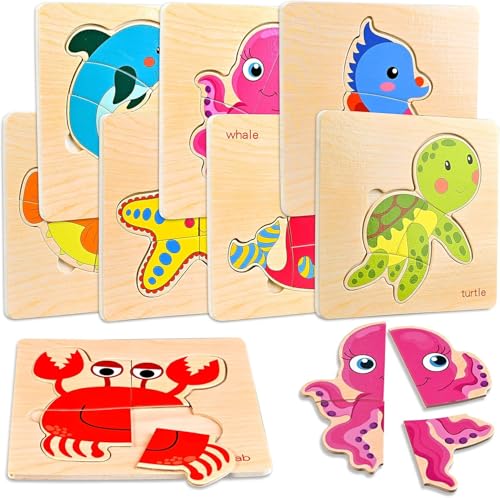 Faburo 8pcs Wooden Puzzles for Toddlers 13 Toddler Puzzles Ages 24 Montessori Toys for 13 Years Girl Boy Sea Animal Puzzle for Kids Jigsaw Puzzle Educational Toys Preschool for 14 - Image 1