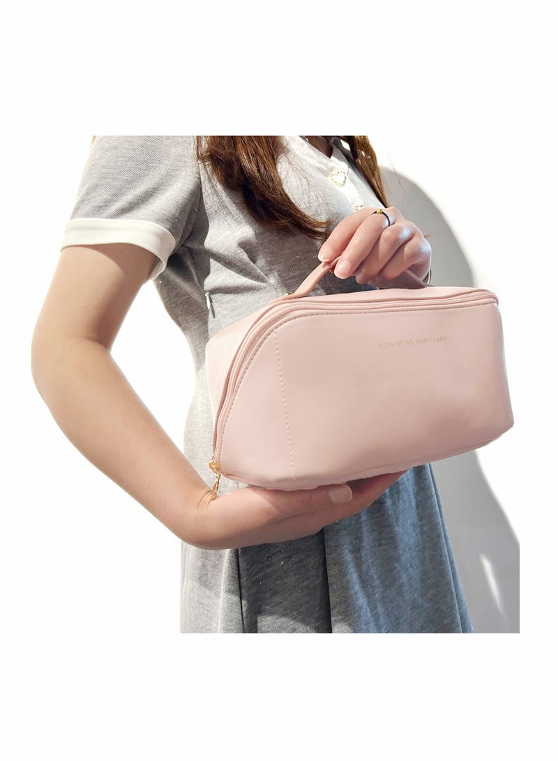 Excefore Large-Capacity Travel Cosmetic Bag, PU Leather Makeup Bag, Waterproof Portable Cosmetic Bag, Multifunctional Storage Makeup Organizer Bag, Travel Cosmetic Bag with Dividers and Handle(Pink) - Image 4