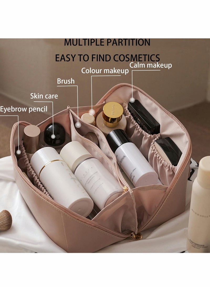 Excefore Large-Capacity Travel Cosmetic Bag, PU Leather Makeup Bag, Waterproof Portable Cosmetic Bag, Multifunctional Storage Makeup Organizer Bag, Travel Cosmetic Bag with Dividers and Handle(Pink) - Image 2