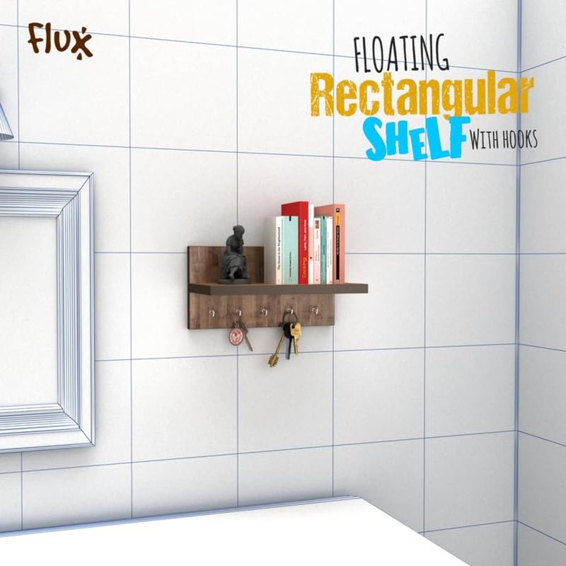 Flux flux Wooden Display Shelves Shelf, Trophies Plant Stand with Hooks for Wall, floting Wall Mounted Shelf Multipurpose Rack,showpiece Stand for Living Room,Lobby Decoration (Rosewood Rectangular)  - Image 4