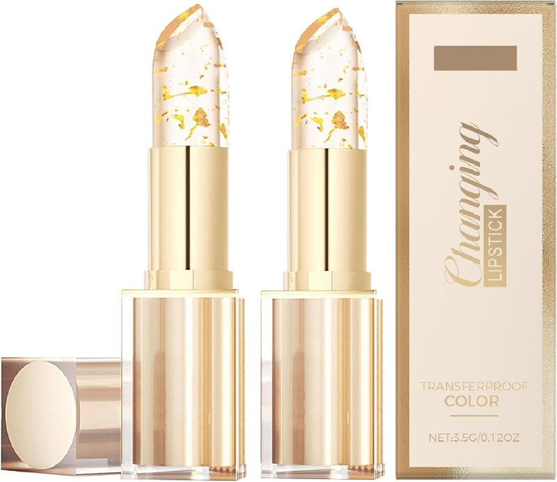 2Pcs Colour Changing Lipstick PH Adjusting Clear Lip Stick with Gold Foil Transfer Proof Long Lasting Moisturizing Lip Balm Glossy Shine 24H Hydrating Temperature Sensitive Lipsticks for Women