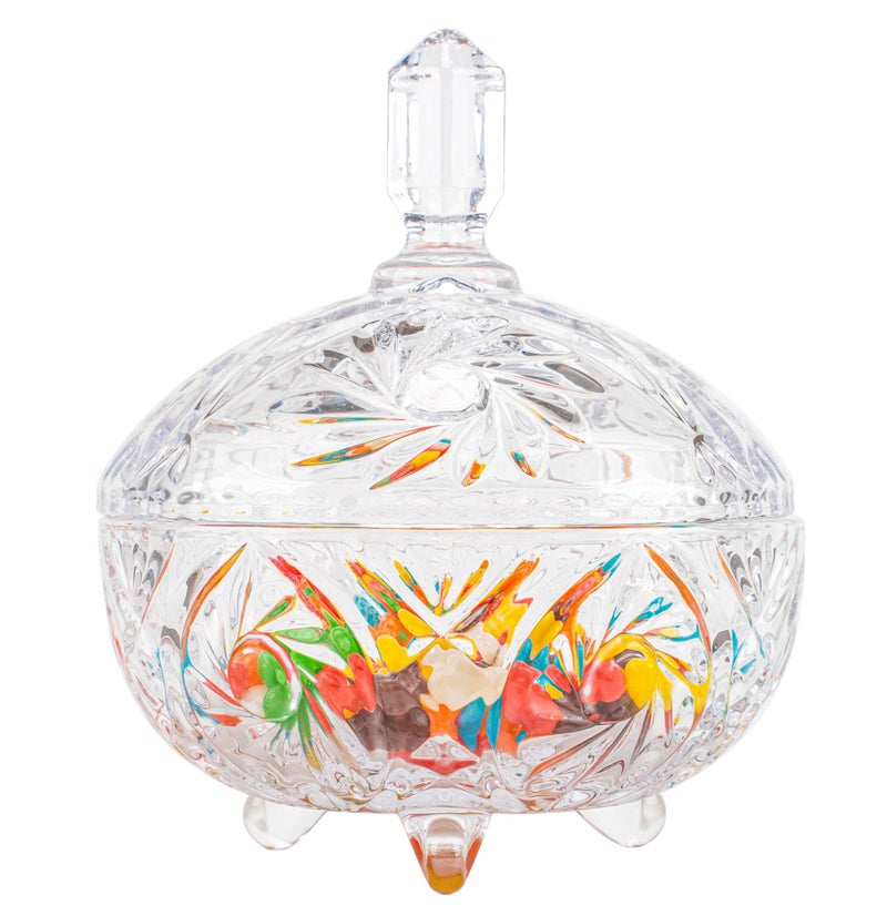 Cystone 27oz Large Glass Candy Dish with Lid, Crystal Candy Bowl, Embossed Decorative Storage Jar for Office Desk, Jewelry Box, Biscuit, Christmas, Wedding, Birthday Gift - Image 1