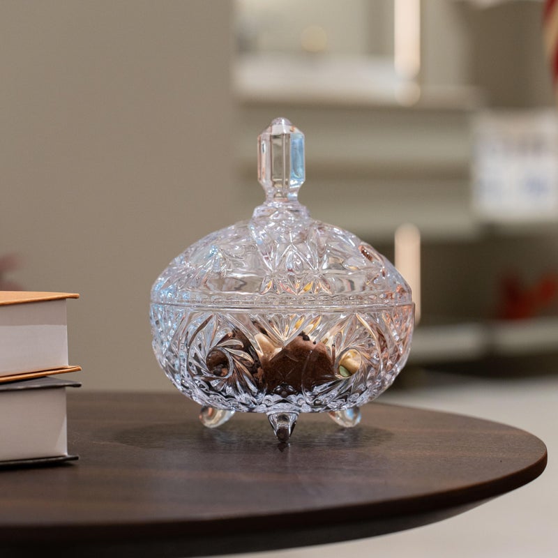 Cystone 27oz Large Glass Candy Dish with Lid, Crystal Candy Bowl, Embossed Decorative Storage Jar for Office Desk, Jewelry Box, Biscuit, Christmas, Wedding, Birthday Gift - Image 4