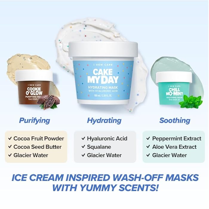 I DEW CARE مجموعة ماسك الوجه القابل للغسل من I DEW CARE - Sundae Scoop | مجموعة العناية بالبشرة للفتيات والمراهقات، مجموعة ماسكات الوجه، مرطبة ومهدئة، مرطبة، حمض الهيالورونيك، صغيرة للسفر، هدايا للجراب، هدايا للفتيات المراهقات - Image 4