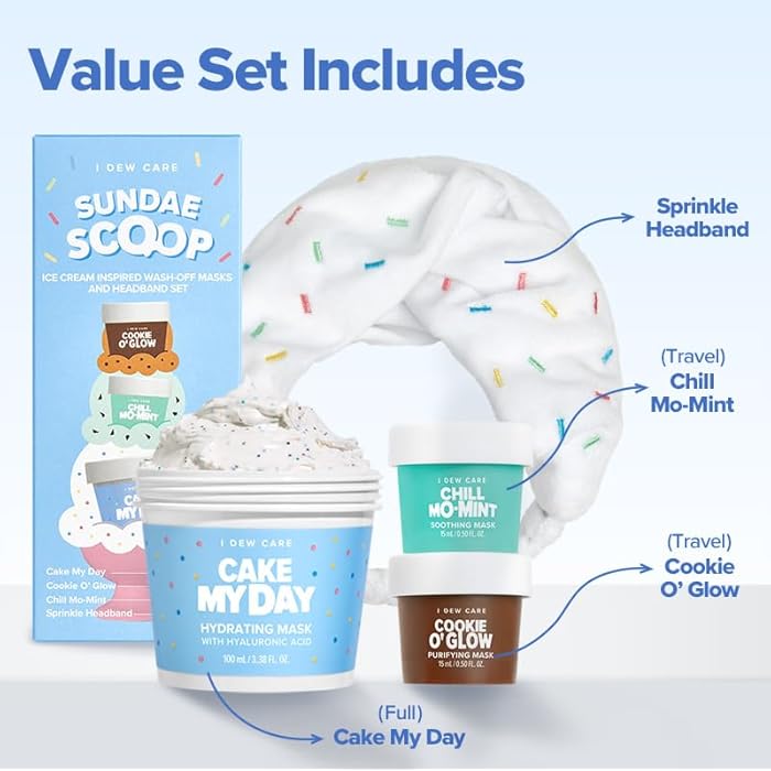 I DEW CARE مجموعة ماسك الوجه القابل للغسل من I DEW CARE - Sundae Scoop | مجموعة العناية بالبشرة للفتيات والمراهقات، مجموعة ماسكات الوجه، مرطبة ومهدئة، مرطبة، حمض الهيالورونيك، صغيرة للسفر، هدايا للجراب، هدايا للفتيات المراهقات - Image 2