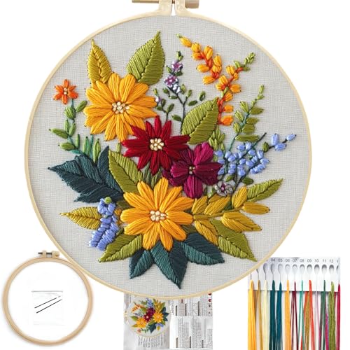 FONNUY Floral Embroidery Kit for Beginners Colorful Flowers PreStamped Pattern Kits for Adults with Hoop Thread Needlework 8 Hoop Zinnia - Image 1