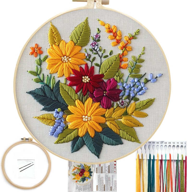 FONNUY Floral Embroidery Kit for Beginners Colorful Flowers PreStamped Pattern Kits for Adults with Hoop Thread Needlework 8 Hoop Zinnia - Image 3