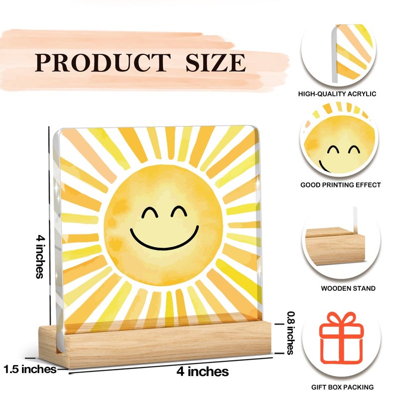 Woght Sunshine gifts Inspirational Sun Sunshine Acrylic Sign Desk Decor, Pop Smiles Rustic Farmhouse Wooden Block Sign Decorations for Home Office Girls Dorm Room Nursery Playroom Wall Tabletop Shelf Decor - Image 2