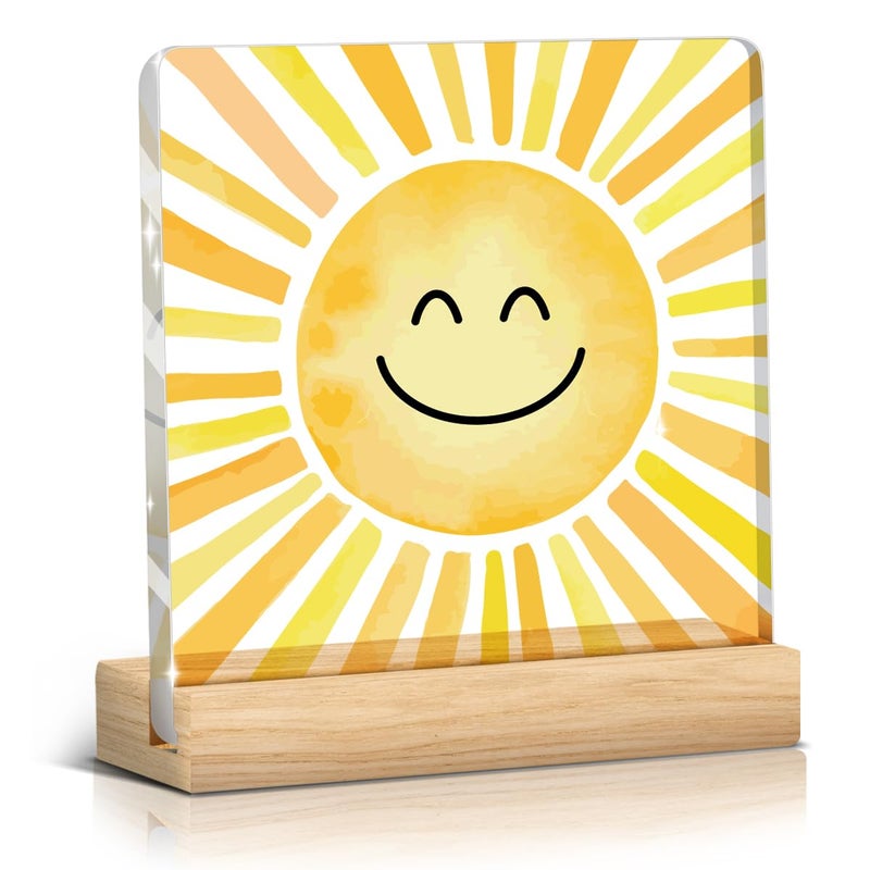 Woght Sunshine gifts Inspirational Sun Sunshine Acrylic Sign Desk Decor, Pop Smiles Rustic Farmhouse Wooden Block Sign Decorations for Home Office Girls Dorm Room Nursery Playroom Wall Tabletop Shelf Decor - Image 1