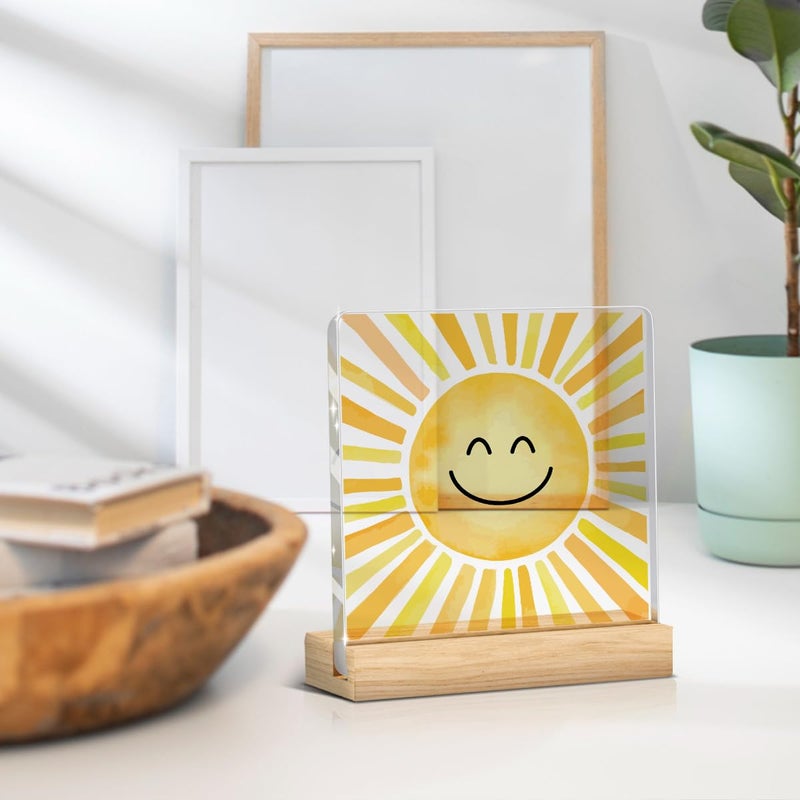 Woght Sunshine gifts Inspirational Sun Sunshine Acrylic Sign Desk Decor, Pop Smiles Rustic Farmhouse Wooden Block Sign Decorations for Home Office Girls Dorm Room Nursery Playroom Wall Tabletop Shelf Decor - Image 4