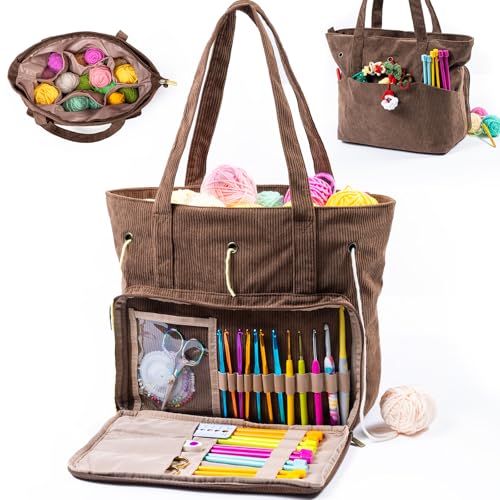 MYBAGZING Large Yarn Tote Organizer Corduroy Knitting Storage Holder for Yarn Hooks Accessories Portable Craft Carryall for Crocheting Lovers Mothers Day Gift - Image 1