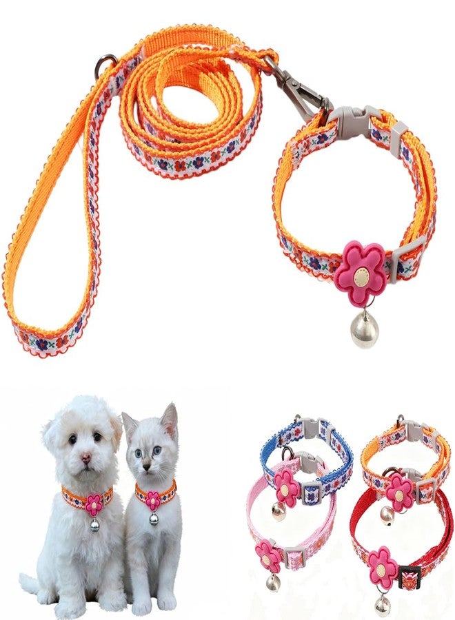 Weimostar Orange Dog Bell Collar Leash Set, Soft Flower Cat Collars Adjustable Buckle for XS Extra Small Tiny Female Male Boys Girls Pet Kitten Puppy Teacup Yorkie X-Small - Image 1