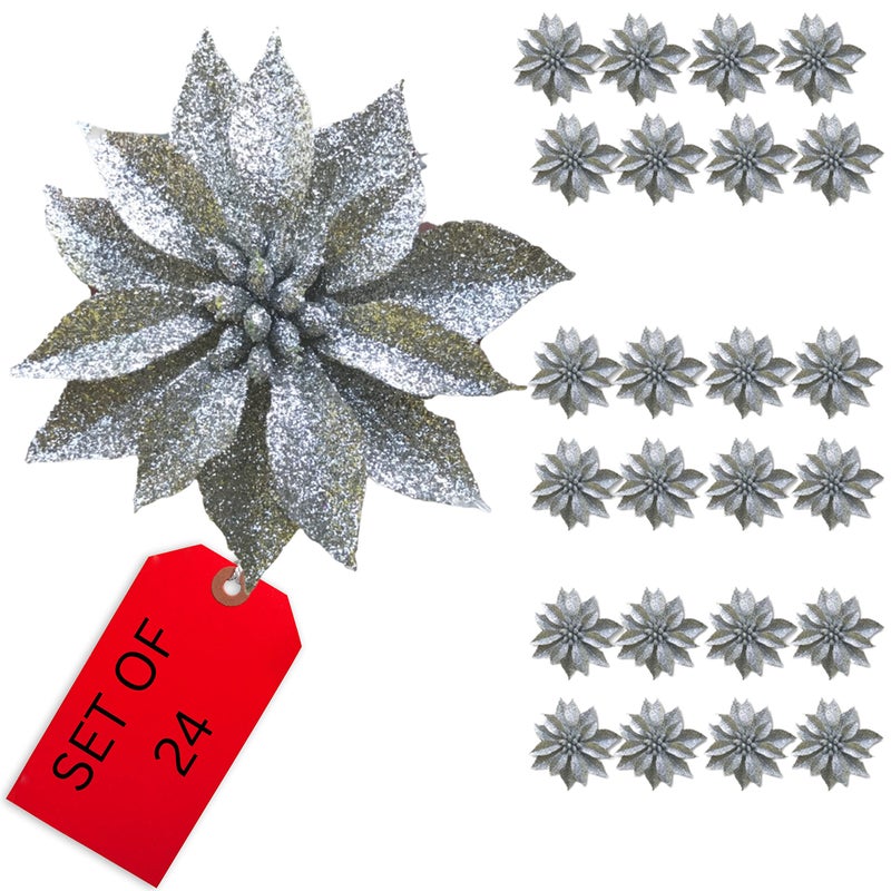 BANBERRY DESIGNS Poinsettia Flower Holiday Ornaments -Set of 24 Silver Glittered Poinsettia Clip-On - Each is 4"" D - Christmas Decorations - Decorative Floral Accessories - Image 2