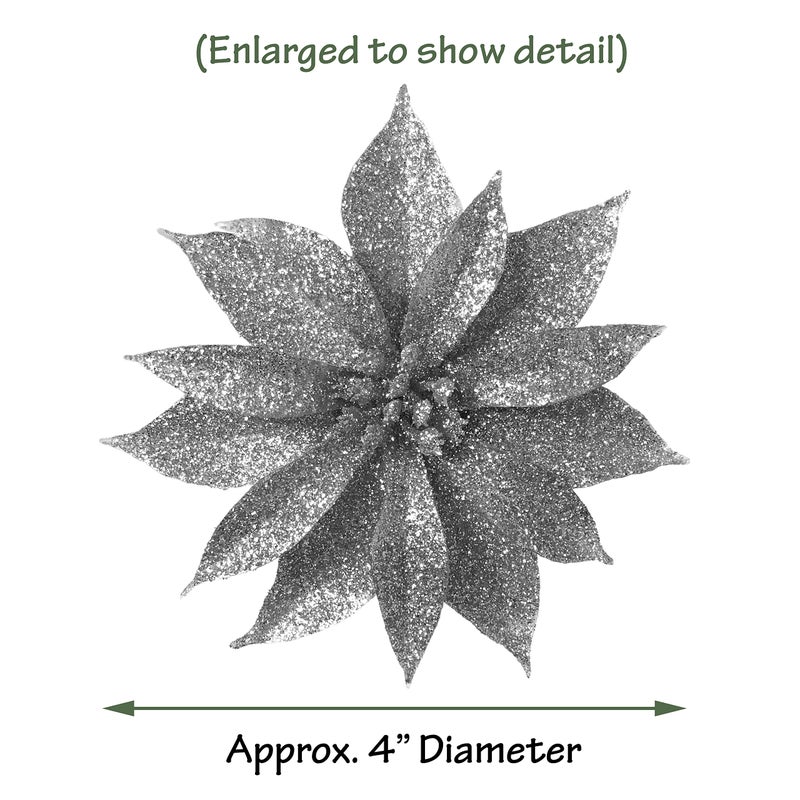 BANBERRY DESIGNS Poinsettia Flower Holiday Ornaments -Set of 24 Silver Glittered Poinsettia Clip-On - Each is 4"" D - Christmas Decorations - Decorative Floral Accessories - Image 4