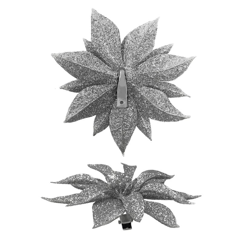 BANBERRY DESIGNS Poinsettia Flower Holiday Ornaments -Set of 24 Silver Glittered Poinsettia Clip-On - Each is 4"" D - Christmas Decorations - Decorative Floral Accessories - Image 5