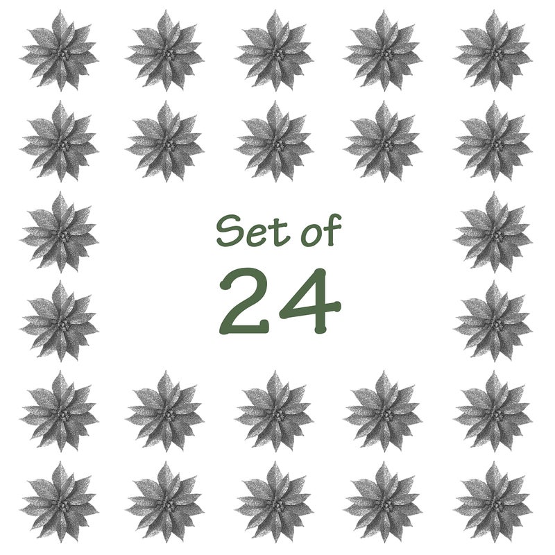 BANBERRY DESIGNS Poinsettia Flower Holiday Ornaments -Set of 24 Silver Glittered Poinsettia Clip-On - Each is 4"" D - Christmas Decorations - Decorative Floral Accessories - Image 3
